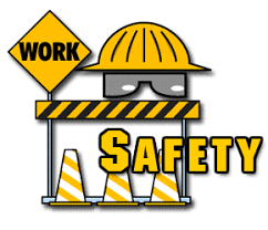 Cartoon Graphic of various safety items like traffic cones and hard hats with the word safety across it