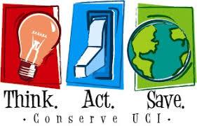Cartoon Graphic of Lightbulb, Light Switch and the earth. Words Think, Act, Save, and Conserve UCI under them.